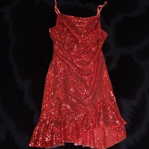 Red Sequin Dress with Ruffle Hem